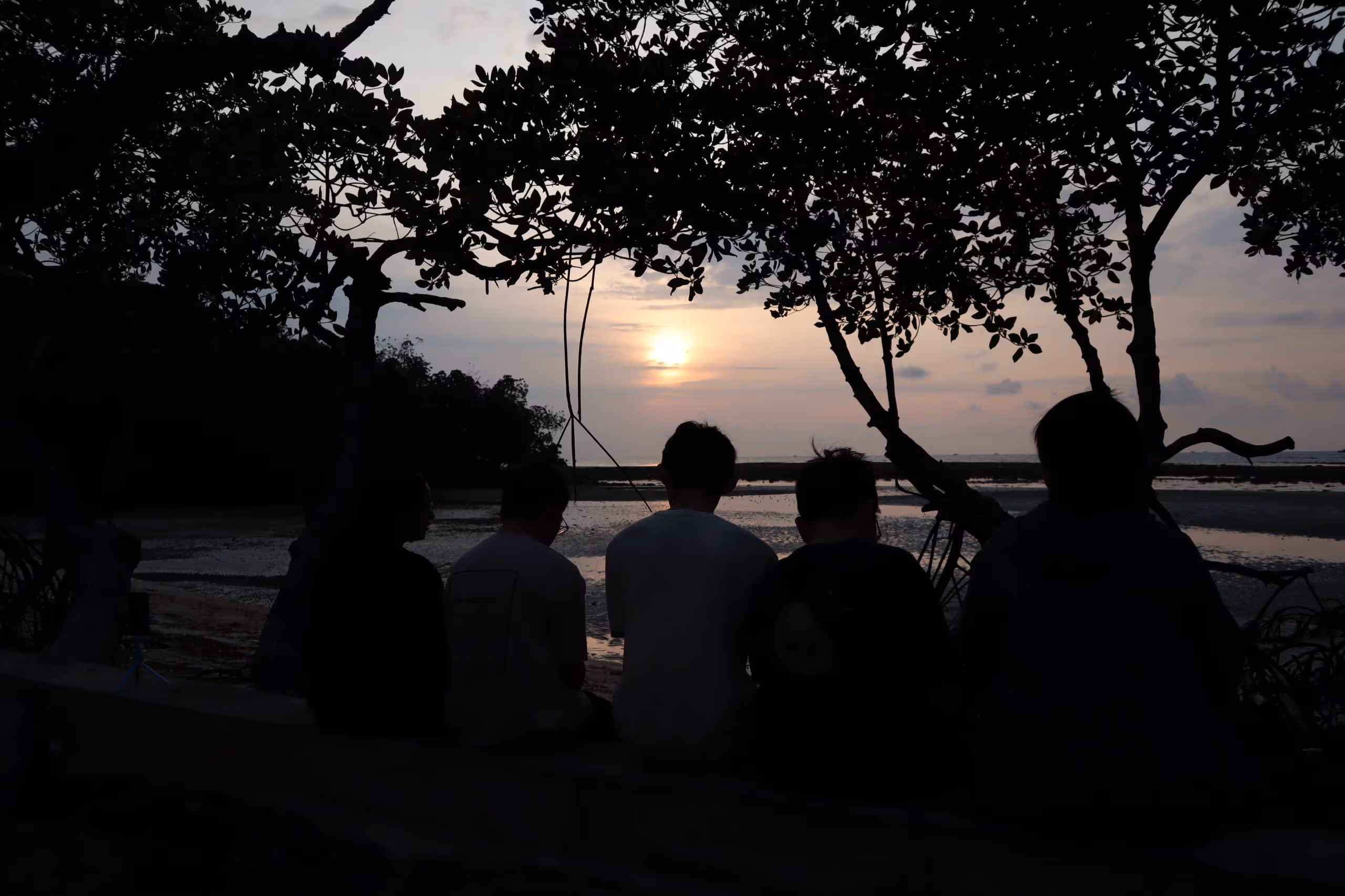 Silhouettes of five friends sitting together on a low wall