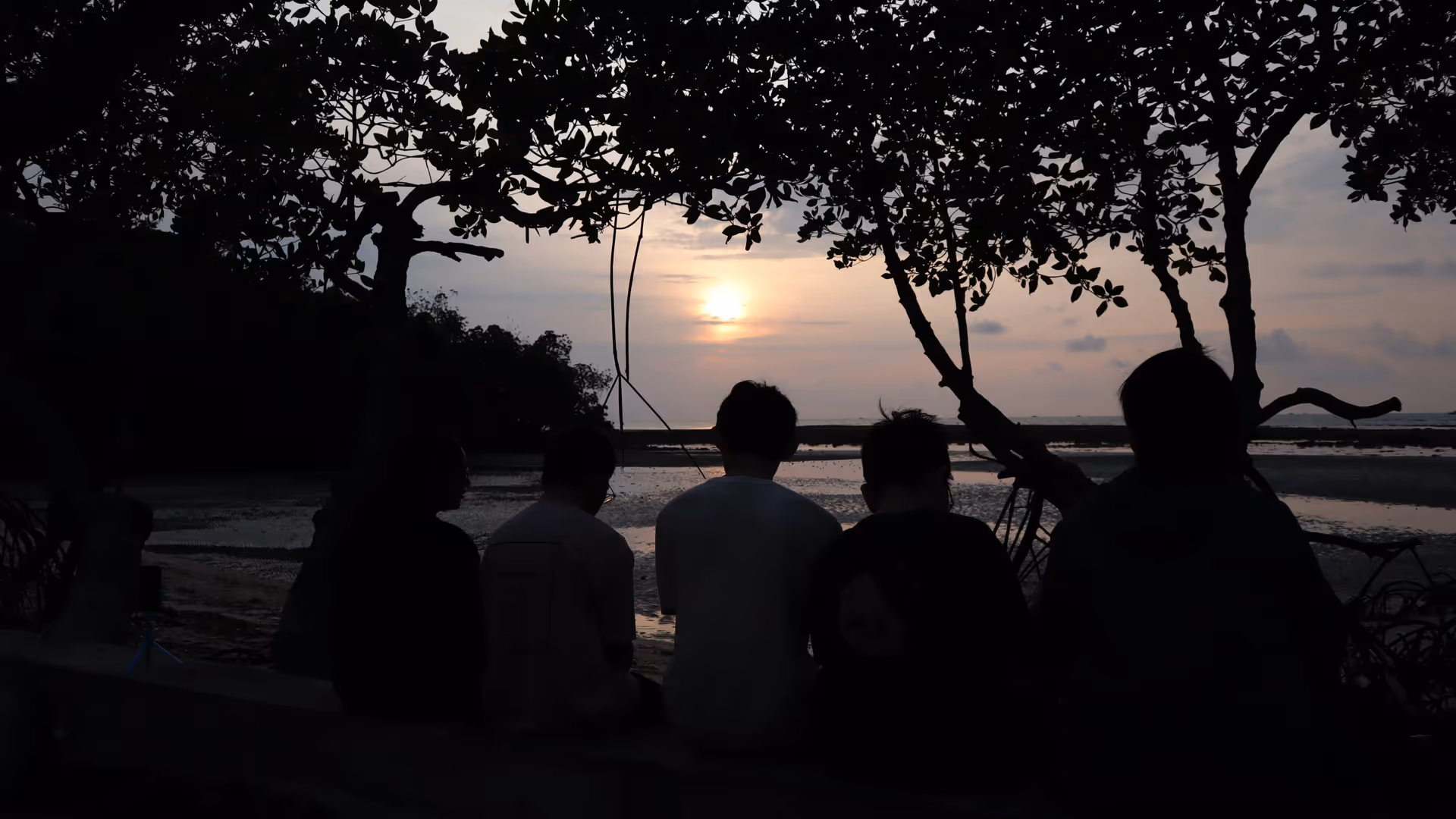 Silhouettes of five friends sitting together on a low wall, watching a soft sunrise over the tidal flats.