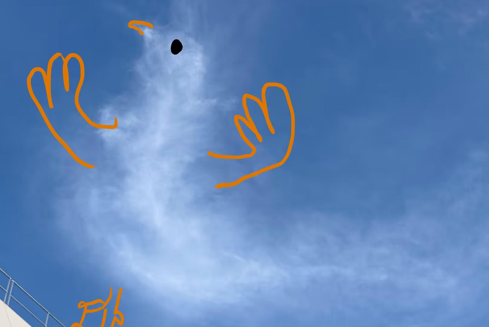 A vertical shot looking up at a wispy white cloud shaped like a bird, enhanced with orange hand-drawn wings, webbed feet, and a beak, appearing to soar through a deep blue sky above a building roof.