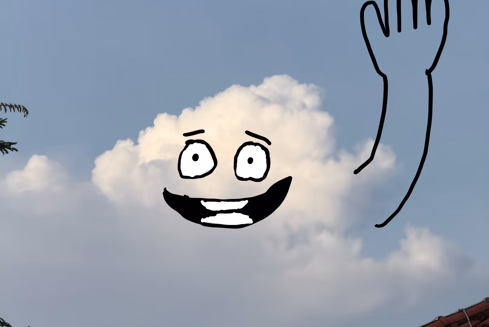 A fluffy white cloud in a blue sky, digitally edited with a simple black-and-white hand-drawn face (large eyes and a wide grin) and a single long arm waving toward the viewer.