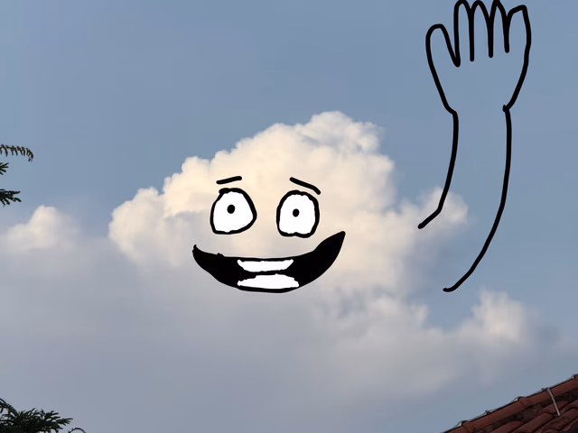A fluffy white cloud in a blue sky, digitally edited with a simple black-and-white hand-drawn face (large eyes and a wide grin) and a single long arm waving toward the viewer.