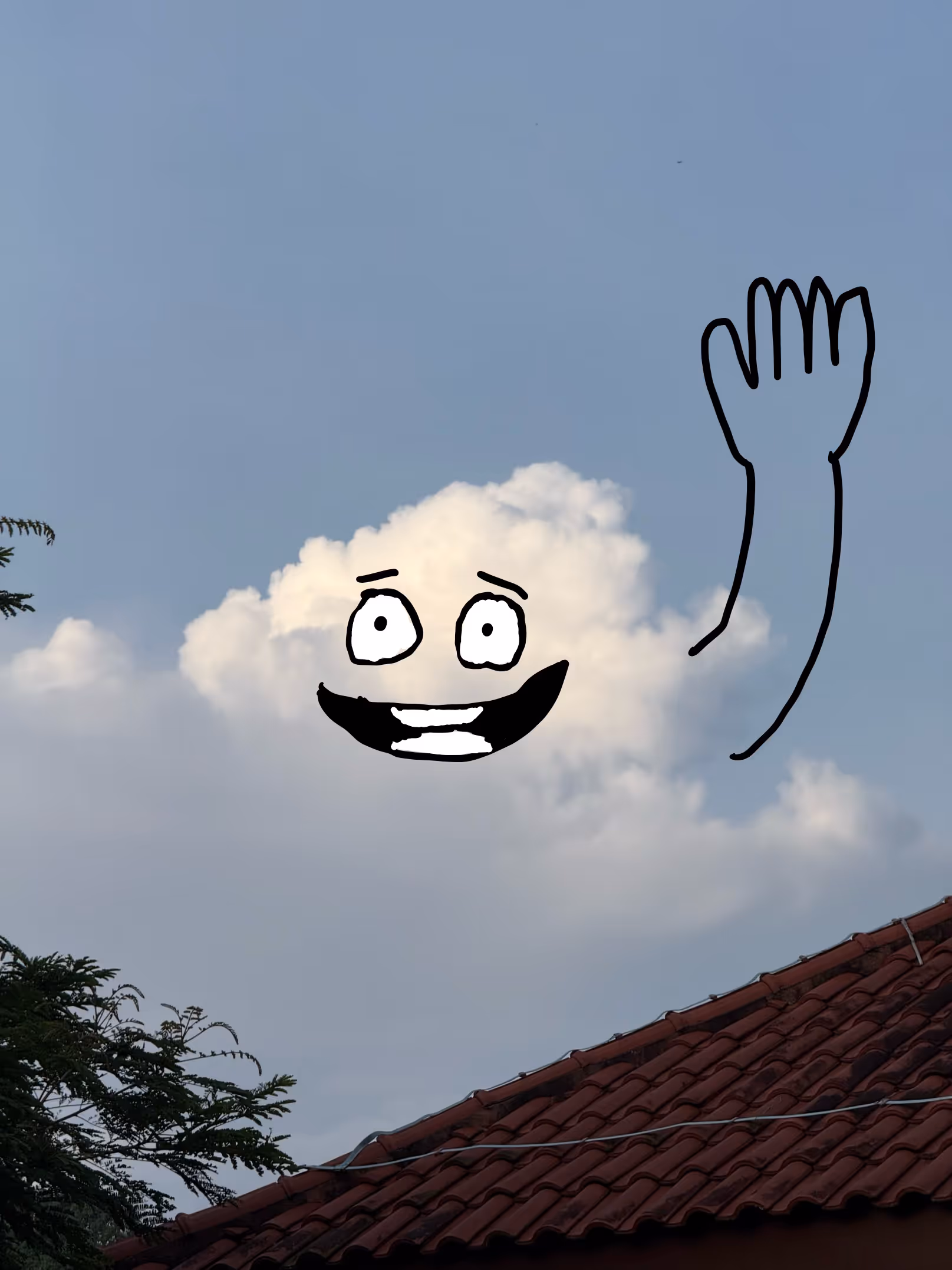 A fluffy white cloud in a blue sky, digitally edited with a simple black-and-white hand-drawn face (large eyes and a wide grin) and a single long arm waving toward the viewer.
