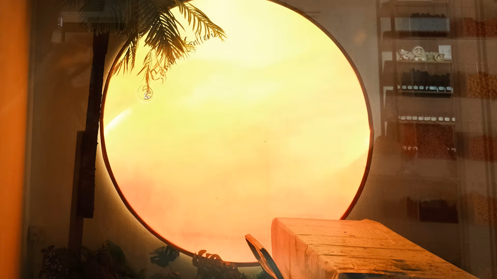 A large glowing circular light installation resembling a sun, seen through a glass window with a palm tree silhouette beside it.