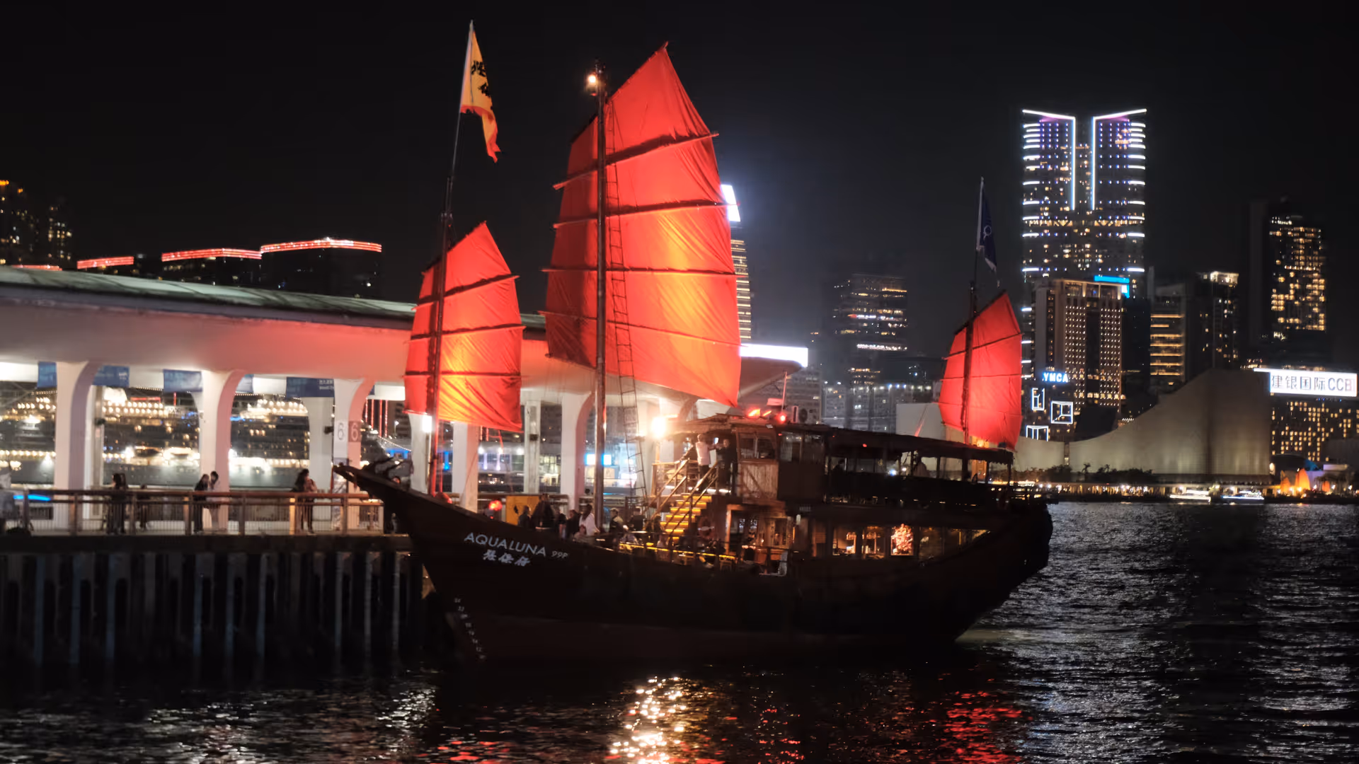 A traditional red-sailed junk boat moored at the Central harbour at night, the Kowloon skyline lit up behind it.
