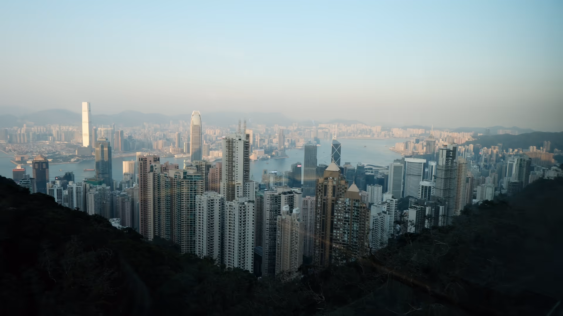 The Hong Kong skyline seen from Victoria Peak in the late afternoon haze, towers crowding between the hills and the harbour.