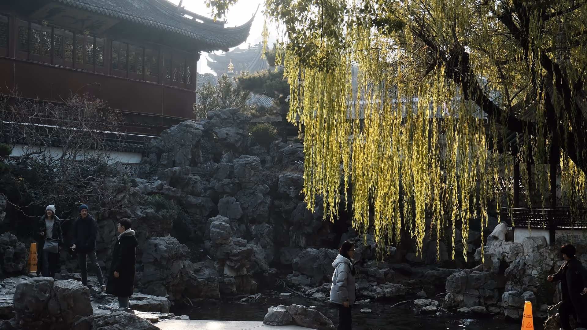 Sunlight streaming through willow trees and ornamental rock formations inside Yu Garden.