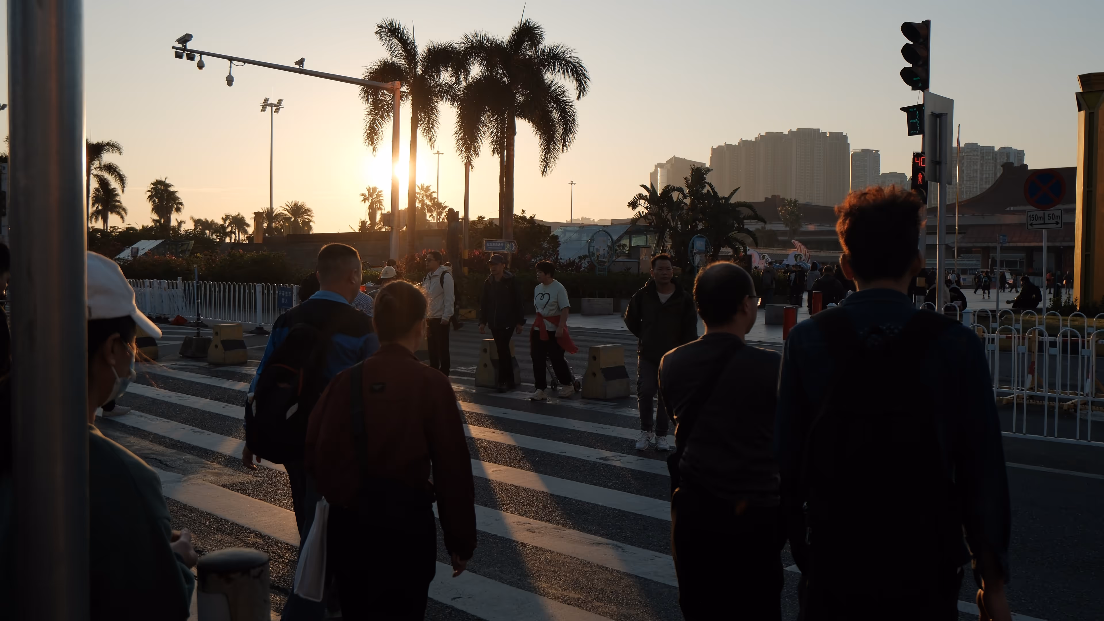 Commuters crossing a zebra crossing at golden hour in Zhuhai, palm trees silhouetted against a warm sunrise sky.